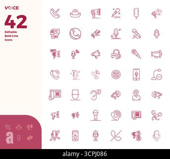 Expertly designed 42 Bold Line PIXEL perfect vector icons for Voice, engineered at 128x128 resolution for flawless integration and performance. Stock Vector