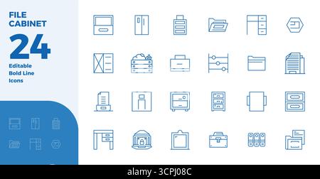 Set of 24 Bold Line PIXEL perfect vector icons themed around File Cabinet, crafted in 128x128 resolution for seamless integration in apps and websites Stock Vector