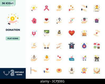 Download 36 scalable Flat Color vector icons designed for Donation, featuring PIXEL perfect 128x128 resolution suitable for professional and creative Stock Vector