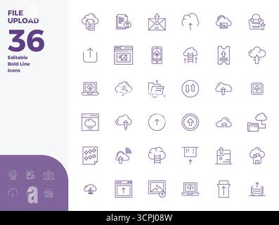 Complete package of 36 vector icons themed around File Upload, showcasing Bold Line design in 128x128 PIXEL perfect quality for modern interfaces. Stock Vector
