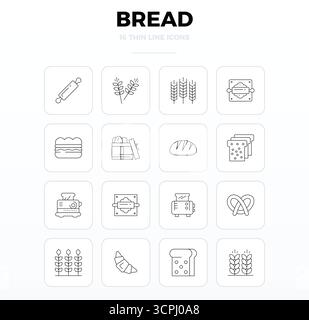 Expertly designed 16 Thin Outline PIXEL perfect vector icons for Bread, engineered at 128x128 resolution for flawless integration and performance. Stock Vector