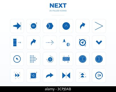Vector pack with 24 SolidFill PIXEL perfect icons inspired by Next, delivered in 128x128 resolution ideal for scalable and creative design work. Stock Vector