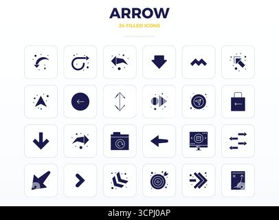 Strategic bundle featuring 24 vector icons representing Arrow in SolidFill format, optimized with 128x128 PIXEL perfect quality for professional workf Stock Vector