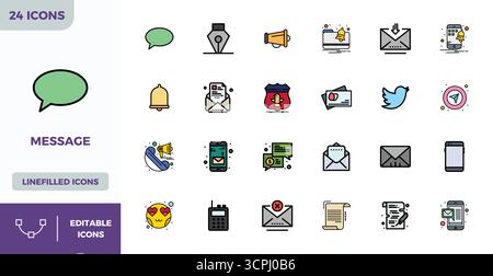 Carefully curated 24 Flat Lineal Color vector icons for Message, featuring 128x128 PIXEL perfect resolution for consistent brand representation and us Stock Vector