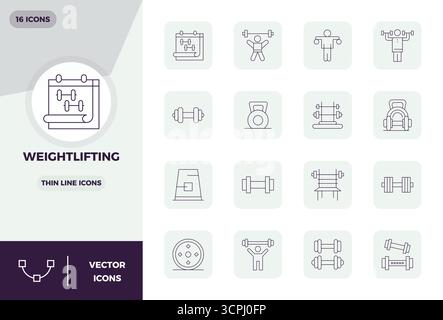 Strategic bundle featuring 16 vector icons representing Weightlifting in Thin Line format, optimized with 128x128 PIXEL perfect quality for profession Stock Vector