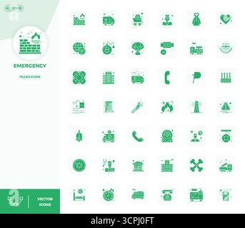 Comprehensive bundle featuring 42 vector icons in Filled design for Emergency, delivered in crisp 128x128 PIXEL perfect quality. Stock Vector