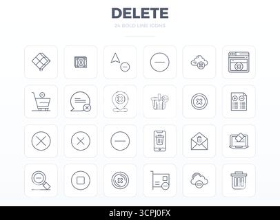 Contemporary collection of 24 vector icons representing Delete in Strong Outline aesthetic, featuring 128x128 PIXEL perfect resolution for modern appl Stock Vector