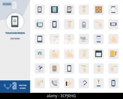 Expertly designed 36 Flat PIXEL perfect vector icons for Touchscreen, engineered at 128x128 resolution for flawless integration and performance. Stock Vector