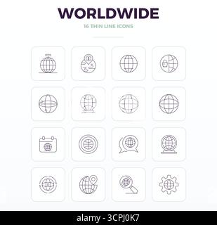 Complete package of 16 vector icons themed around Worldwide, showcasing Thin Outline design in 128x128 PIXEL perfect quality for modern interfaces. Stock Vector