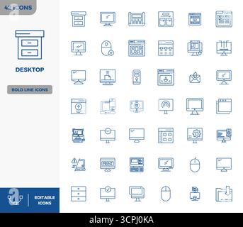 Essential pack of 42 PIXEL perfect vector icons for Desktop in Heavy Line format, sized at 128x128 for optimal performance and scalability. Stock Vector
