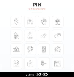 Beautifully rendered 16 Thin Outline PIXEL perfect vector icons for Pin, created at 128x128 resolution for stunning visual consistency across platform Stock Vector