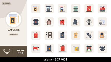 Expertly designed 24 Flat PIXEL perfect vector icons for Gasoline, engineered at 128x128 resolution for flawless integration and performance. Stock Vector