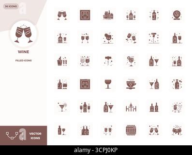 Masterfully created 36 vector icons representing Wine in Filled design, featuring 128x128 PIXEL perfect resolution for exceptional visual quality. Stock Vector