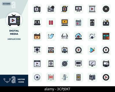 Carefully curated 36 LineFilled vector icons for Digital Media, featuring 128x128 PIXEL perfect resolution for consistent brand representation and use Stock Vector