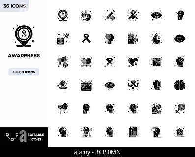 Download 36 scalable Filled vector icons designed for Awareness, featuring PIXEL perfect 128x128 resolution suitable for professional and creative pro Stock Vector