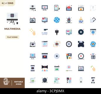 Future-ready pack of 42 vector icons themed around Multimedia, showcasing Flat Color design with 128x128 PIXEL perfect clarity for innovative user int Stock Vector