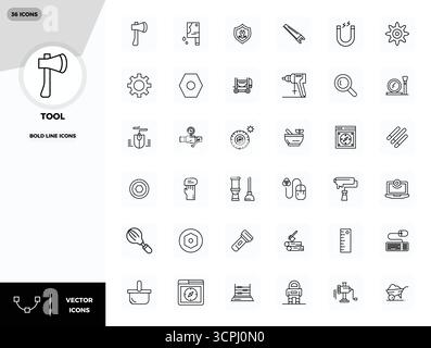 Distinctive pack of 36 PIXEL perfect vector icons inspired by Tool, crafted in Bold Line format at 128x128 for memorable brand experiences. Stock Vector