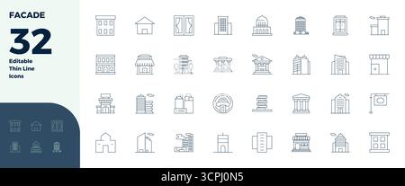 Carefully curated 32 Thin Line vector icons for Facade, featuring 128x128 PIXEL perfect resolution for consistent brand representation and user experi Stock Vector