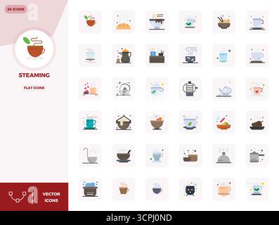 Masterfully created 36 vector icons representing Steaming in Flat design, featuring 128x128 PIXEL perfect resolution for exceptional visual quality. Stock Vector