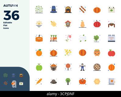 Professional-grade collection of 36 Flat vector icons representing Autumn, crafted with 128x128 PIXEL perfect precision for enterprise applications. Stock Vector