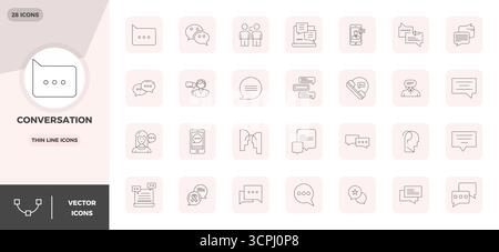 Revolutionary set of 28 PIXEL perfect vector icons inspired by Conversation, created in Thin Line format at 128x128 resolution for cutting-edge design Stock Vector
