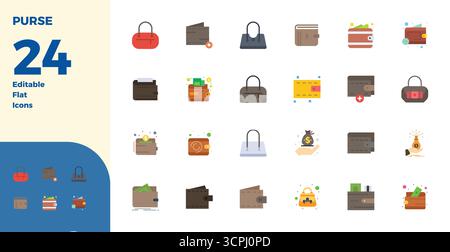 Vector pack with 24 Flat PIXEL perfect icons inspired by Purse, delivered in 128x128 resolution ideal for scalable and creative design work. Stock Vector
