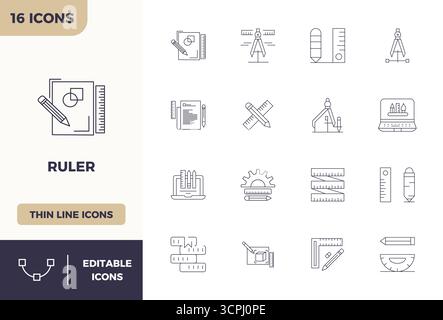 Download 16 scalable Minimal Line vector icons designed for Ruler, featuring PIXEL perfect 128x128 resolution suitable for professional and creative p Stock Vector