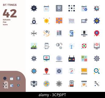 This set of 42 Flat vector icons captures Settings themes in 128x128 PIXEL perfect quality, perfect for tech and business applications. Stock Vector