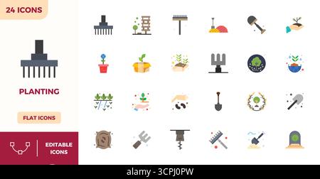 Industry-leading pack of 24 Flat Color PIXEL perfect vector icons for Planting, sized at 128x128 for optimal rendering and user interface excellence. Stock Vector