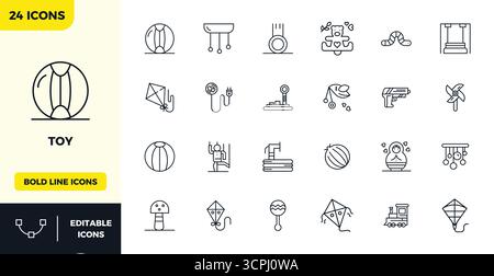 Masterfully created 24 vector icons representing Toy in Heavy Line design, featuring 128x128 PIXEL perfect resolution for exceptional visual quality. Stock Vector