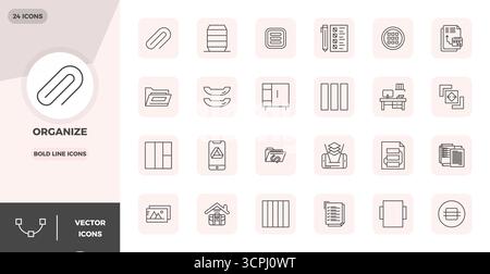 A dynamic set of 24 vector icons in Bold Line, tailored for Organize with 128x128 PIXEL perfect quality suited for digital products. Stock Vector