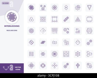 High-performance collection of 36 Bold Line vector icons for Interlocking, engineered with 128x128 PIXEL perfect resolution for optimal user interface Stock Vector