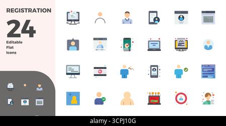 Thoughtfully designed 24 vector icons themed around Registration, crafted in Flat with 128x128 PIXEL perfect precision for contemporary design needs. Stock Vector