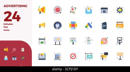 Streamlined set of 24 vector icons for Advertising in Flat aesthetic, featuring 128x128 PIXEL perfect resolution for seamless user experiences. Stock Vector