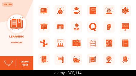 Essential pack of 24 PIXEL perfect vector icons for Learning in Filled format, sized at 128x128 for optimal performance and scalability. Stock Vector