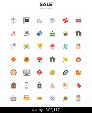 Exceptional collection of 42 Minimal Flat vector icons for Sale, delivered in 128x128 PIXEL perfect resolution for unparalleled visual excellence and Stock Vector