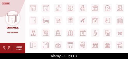 Revolutionary set of 32 PIXEL perfect vector icons inspired by Entrance, created in Thin Line format at 128x128 resolution for cutting-edge design. Stock Vector