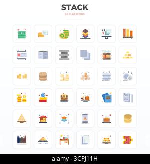 This collection features 36 Minimal Flat PIXEL perfect vector icons tailored to the Stack theme, optimized in 128x128 format for digital design. Stock Vector