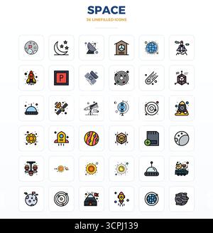 Exclusive collection of 36 LineFill vector icons for Space, developed with 128x128 PIXEL perfect resolution for premium brand experiences. Stock Vector