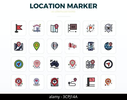 Discover a set of 24 LineFill vector icons crafted for the Location Marker theme, featuring 128x128 PIXEL perfect designs ideal for modern UI/UX proje Stock Vector