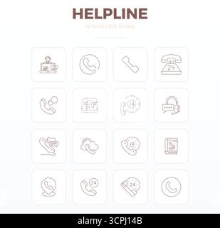 Industry-leading pack of 16 Thin Outline PIXEL perfect vector icons for Helpline, sized at 128x128 for optimal rendering and user interface excellence Stock Vector