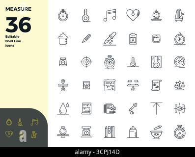 Vector pack with 36 Bold Line PIXEL perfect icons inspired by Measure, delivered in 128x128 resolution ideal for scalable and creative design work. Stock Vector