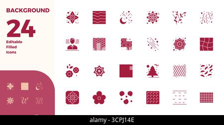 Download 24 scalable Glyph Filled vector icons designed for Background, featuring PIXEL perfect 128x128 resolution suitable for professional and creat Stock Vector