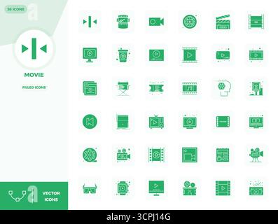 Precision-engineered 36 Filled vector icons for Movie, designed at 128x128 PIXEL perfect resolution for exceptional clarity and scalability. Stock Vector