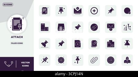 Exceptional collection of 24 Filled vector icons for Attach, delivered in 128x128 PIXEL perfect resolution for unparalleled visual excellence and usab Stock Vector