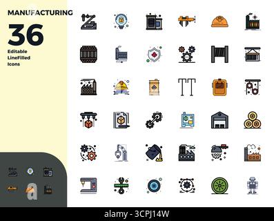 Set of 36 Duotone PIXEL perfect vector icons themed around Manufacturing, crafted in 128x128 resolution for seamless integration in apps and websites. Stock Vector
