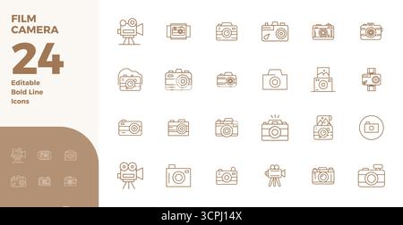 Precision-engineered 24 Bold Line vector icons for Film Camera, designed at 128x128 PIXEL perfect resolution for exceptional clarity and scalability. Stock Vector