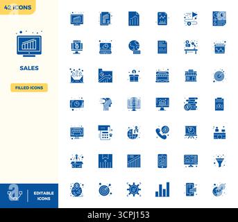Comprehensive bundle featuring 42 vector icons in Filled design for Sales, delivered in crisp 128x128 PIXEL perfect quality. Stock Vector