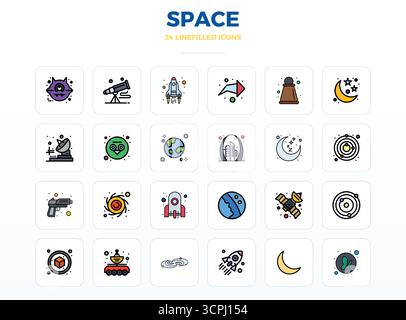 Expertly designed 24 LineFill PIXEL perfect vector icons for Space, engineered at 128x128 resolution for flawless integration and performance. Stock Vector