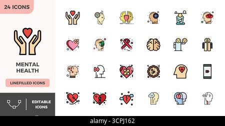 A versatile set of 24 Flat Lineal Color PIXEL perfect vector icons focused on Mental Health, delivered in crisp 128x128 format ideal for mobile and we Stock Vector